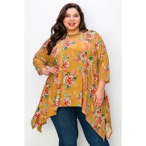 055 Curvy Lovey Flower Print Side Drape Tunic Top in Mustard